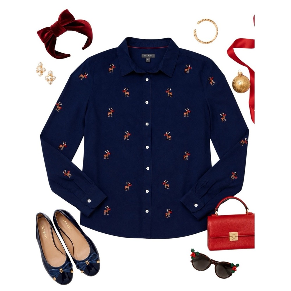Talbots Navy Embroidered Reindeer Christmas Button Up Shirt Women's XL Holiday